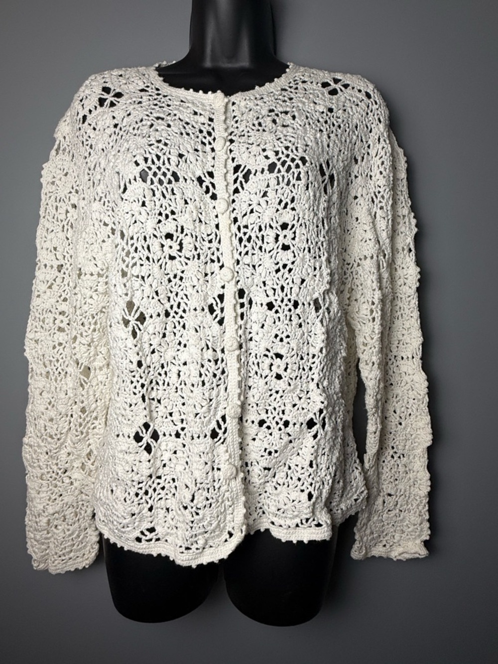 Tiara International White Crochet Lace Button Down Cardigan Womens Sz L
